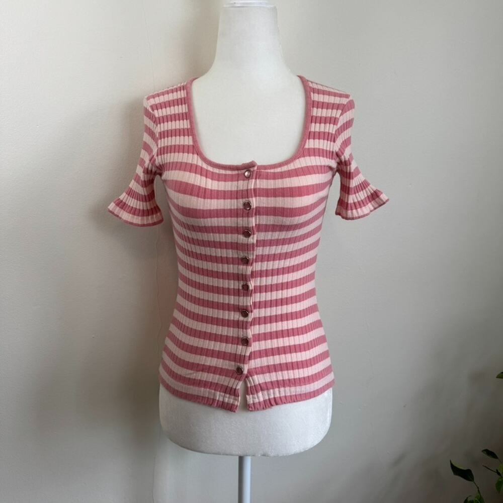 VTG Y2K Esprit Ribbed Pink Striped Small Stretchy Top Pearl Snap Button Up Baby